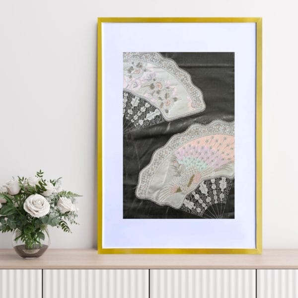 Framed Wall Art of Japanese Obi Fabric in Gold Frame